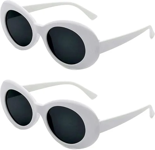 Vista 11 de Gafas de sol redondas ovaladas blancas gruesas y atrevidas gafas ovaladas Mod Retro Vintage Kurt Cobain inspiradas lentes de sol Paquete de 2 blanco2