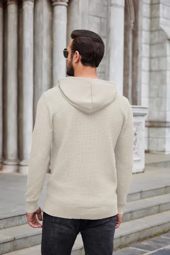 Vista 3 de COOFANDY Sudadera con capucha de punto para hombre, estilo hipster, casual, manga larga, suéter tipo polo ajustado