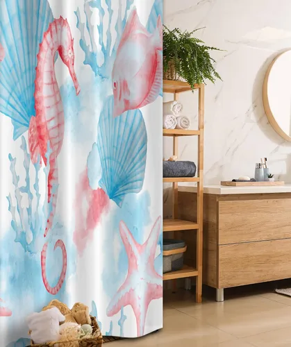 Vista 114 de set de cortina para baño decorativa de tela de poliéster con ganchos