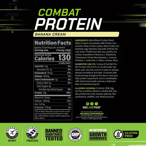 Vista 4 de MusclePharm Combat Protein Powder, sabor crema de plátano, alimenta los músculos para entrenamientos productivos, 5 fuentes de proteína incluyendo