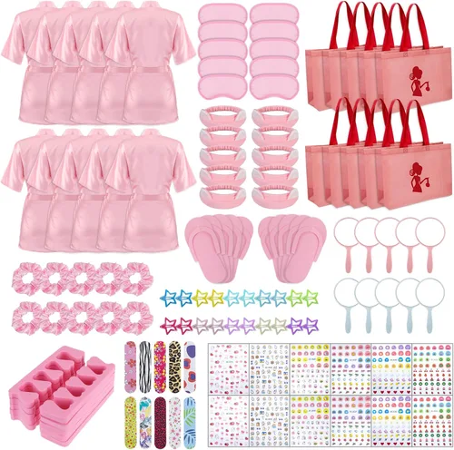 Vista 14 de 122 piezas Kit de fiesta de spa rosa y rosa intenso para niñas, paquete de 10 recuerdos de fiesta de pijamas con batas de satén, bolsas de mano