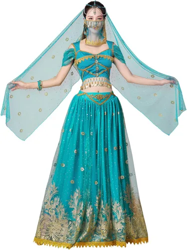 Vista 8 de Disfraces de princesa jazmín para mujer, disfraz de Aladdin para Halloween, cosplay, traje de danza del vientre