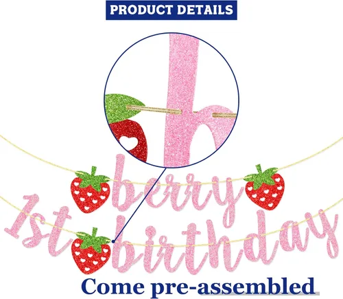 Vista 4 de Cartel de primer cumpleaños de bayas, decoraciones de cumpleaños de fresa Rosa