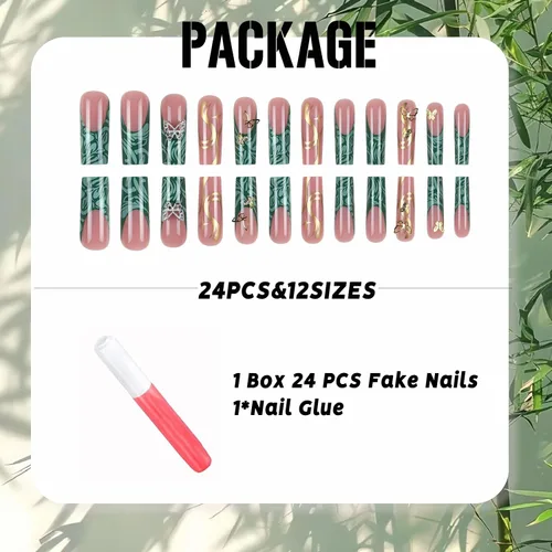 Vista 4 de IMSOHOT Uñas postizas largas cuadradas a presión, puntas francesas de onda verde, uñas postizas con diseños de dijes de mariposa dorada, gel C1-01