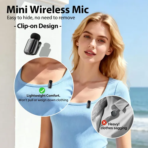 Vista 5 de Mini micrófono inalámbrico Lavalier para iPhone, iPad, Android, reducción de ruido y silencio, funda de carga de 33 horas, cambiador de voz AI