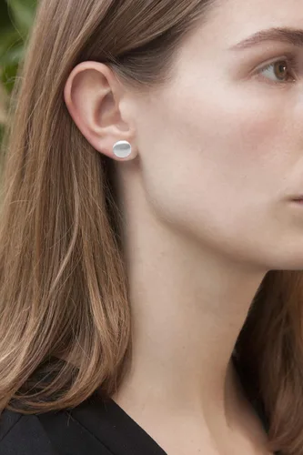 Vista 2 de Round Lentil Shaped Stud Post Earrings, Sterling Silver 925, Satin Finish (1 cm). Handmade Perfect Small Gift