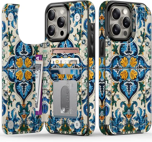 Vista 157 de FUNMIKO Funda tipo cartera para iPhone 15 con tarjetero + clip para efectivo, bloqueo RFID, protección contra caídas de grado militar y obras