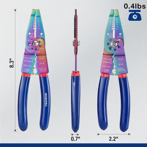 Vista 8 de WORKPRO Pelacables de 8"/herramienta de prensado de cables, herramientas para pelacables para 10-22 AWG, cortador de cables, crimpadora de cables