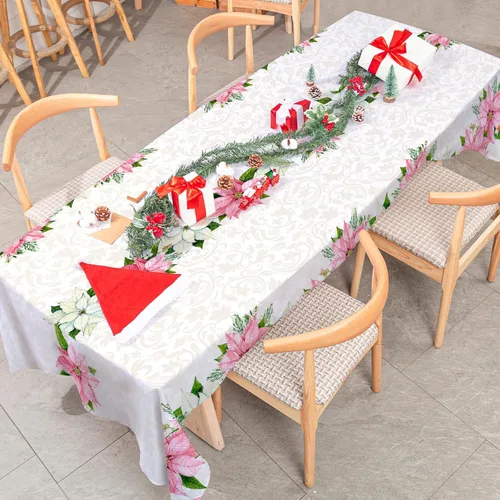 Vista 5 de Mantel navideño rectangular de 60 x 104 pulgadas, diseño de flor de pascua rosa con acuarela