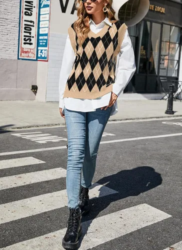 Vista 5 de HOCOSIT Chaleco de punto con cuello en V para mujer, estilo preppy a cuadros, sin mangas, suéter corto