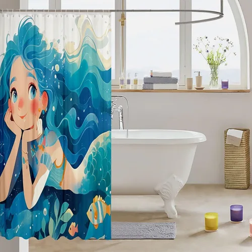 Vista 3 de Homewish Cortina de ducha de sirena azul con diseño de princesa sirena, juego de cortina de ducha para niños y adultos, cortina de baño subacuática