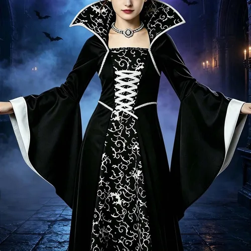 Vista 4 de Traje de Halloween para niña, disfraz de vampiro, terciopelo gótico negro y Blanco