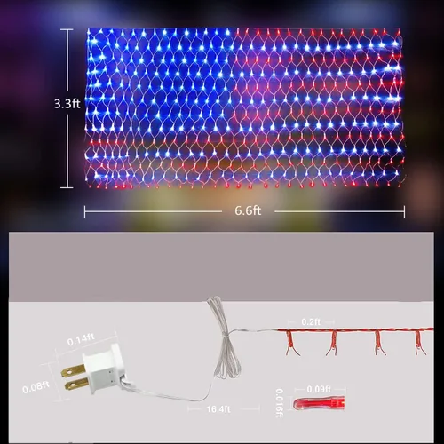 Vista 7 de Luces de bandera estadounidense, 420 luces LED de red de bandera de Estados Unidos, decoraciones del 4 de julio, decoración patriótica impermeable
