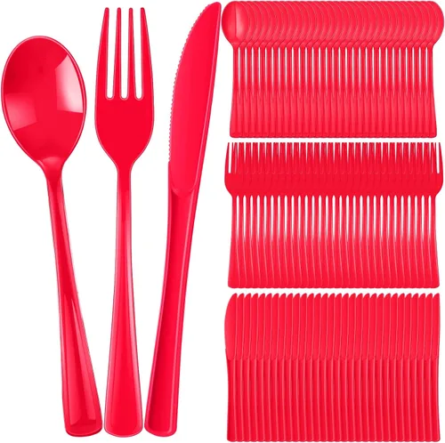 Vista 10 de Juego de cubiertos de plástico de 300 piezas, juego de cubiertos de plástico resistente, incluye 100 cucharas desechables, 100 tenedores, cuchillos