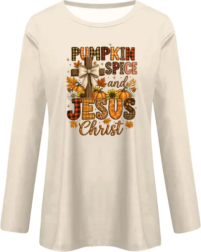 Vista 3 de Camisetas de manga larga para mujer, blusas elegantes y casuales con cuello redondo para mujer #00-Beige