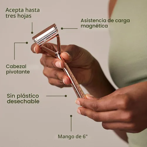 Vista 2 de Leaf Shave Juego de navajas Leaf, navaja de seguridad totalmente metálica con cabezal pivotante y carga ajustable de cuchillas, incluye soporte a