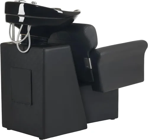 Vista 9 de BarberPub Silla de estación de champú negra para estilista, champú retrolavado de cerámica y juego de sillas para salón, salón en casa, barbería 9104