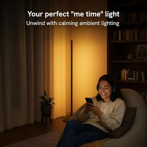 Vista 3 de Lámpara de pie Aura RGBICW, iluminación ambiental LED de esquina con control por aplicación y voz con sincronización de música, 1000 lúmenes, 4 mil