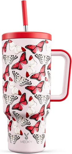 Vista 20 de Meoky - Vaso de 30 oz con asa, tapa y pajilla, taza de viaje térmica de acero inoxidable 100% a prueba de fugas, para portavasos, mantiene el frío