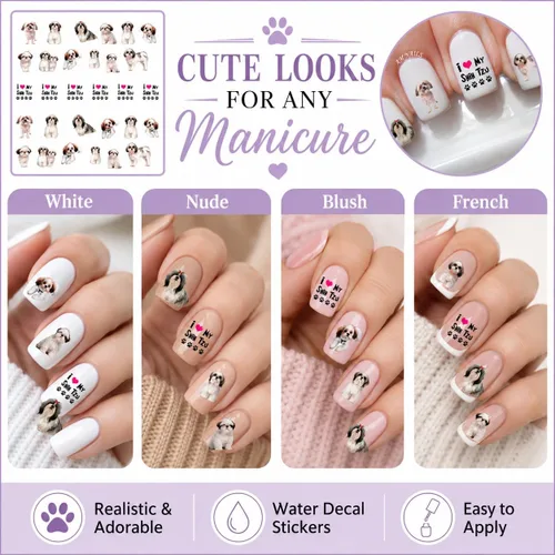 Vista 3 de Shih Tzu A1301 - Calcomanías de transferencia de arte de uñas con agua para perros, juego de 56