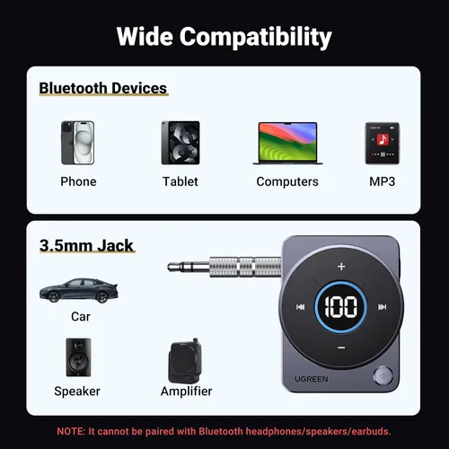 Vista 3 de UGREEN Adaptador Bluetooth 5.4 para automóvil, [cancelación de ruido] Receptor Bluetooth Aux para automóvil, receptor de audio inalámbrico de 3.5mm