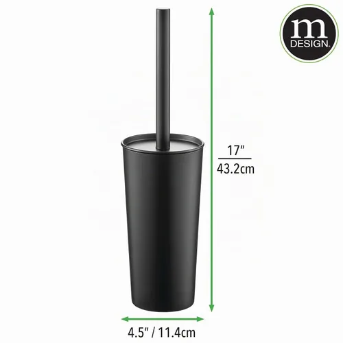 Vista 4 de mDesign Escobilla y soporte para inodoro de metal independiente delgado + papelera de pedal de 5 litros / 1.3 galones de diseño estrecho rectangular