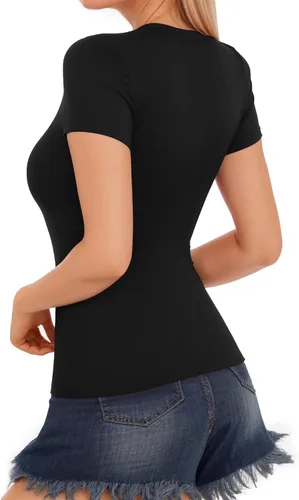 Vista 3 de MANGOPOP Camisetas básicas de manga corta con cuello redondo para mujer