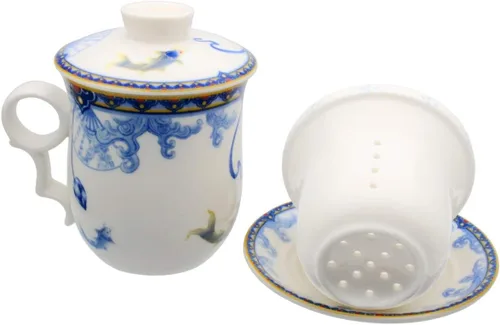 Vista 6 de Taza de té de porcelana con tapa de infusor y juegos de platillos Taza de café de cerámica china Jingdezhen Taza de té de hoja suelta Sistema