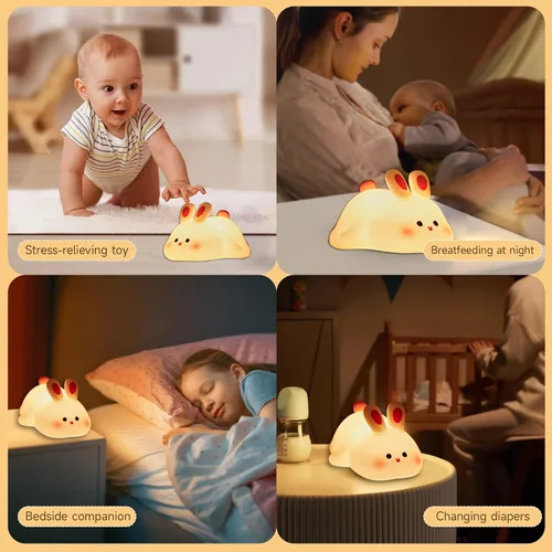 Vista 8 de Luz Nocturna de Conejo de Cara Grande, Adorable Lámpara Nocturna LED de Conejito, Luz Nocturna de Guardería de Silicona Regulable para Niñas, Luces