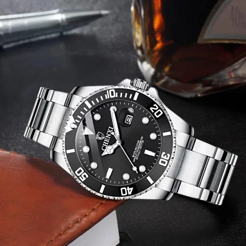 Vista 3 de MASTOP Reloj luminoso con bisel giratorio para hombre, esfera azul, dorado, acero inoxidable, impermeable, analógico, cuarzo