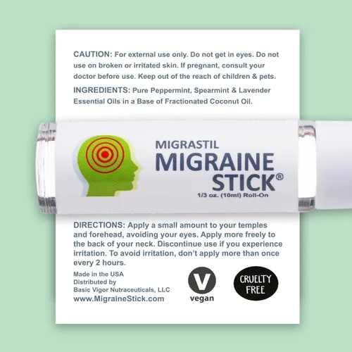 Vista 2 de Aceite esencial de aromaterapia Migrastil, aplicador con bolilla para alivio de migrañas y dolores de cabeza, 0.35 onzas líquidas With spearmint &