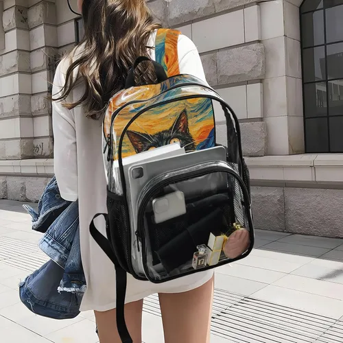 Vista 7 de Mochila transparente con diseño de gato negro y helado para la Negro Naranja Abstracto Gato