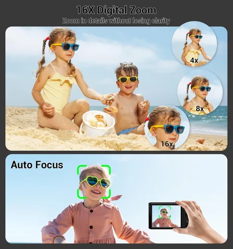 Vista 5 de Cámara digital 4K, cámara digital compacta digital de enfoque automático, zoom digital de 16X, cámara de viaje mejorada con tarjeta SD de 64 GB, 2