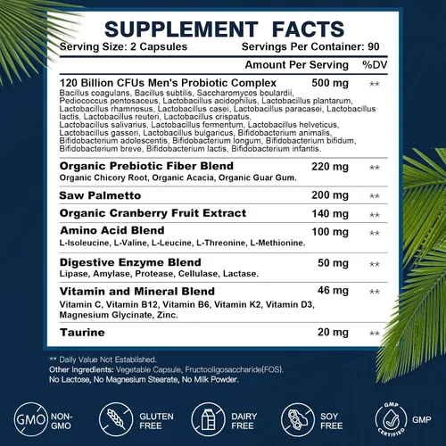 Vista 7 de DRFOSTER Probióticos para hombres Salud digestiva, 120 mil millones de UFC probióticos para hombre con enzimas y prebióticos y palma enana americana