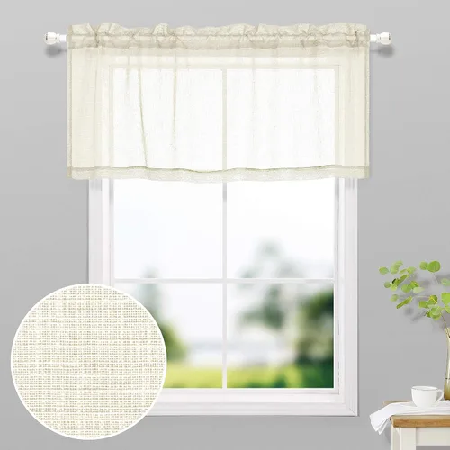 Vista 2 de KOUFALL Vallas de Cocina para Ventanas, Vallas de Lino Translúcidas de Estilo Granja para la Sala de Estar, Beige