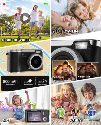 Vista 5 de Cámara para niños, cámara digital 4K para fotografía, cámara de video selfie HD 1080P de 48MP, con pantalla giratoria de 180° y flash, con tarjeta