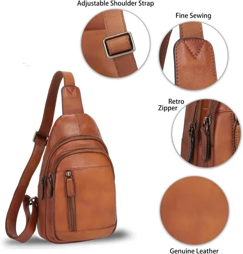 Vista 6 de Bolso bandolera de cuero genuino para el pecho, mochila cruzada casual, mochila vintage hecha a mano para senderismo, bolsa de motocicleta (marrón) M