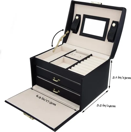 Vista 6 de Caja de joyas de piel Goldwheat con cerradura y espejo. Excelente regalo para mujeres., Cuero sintético, Negro, M