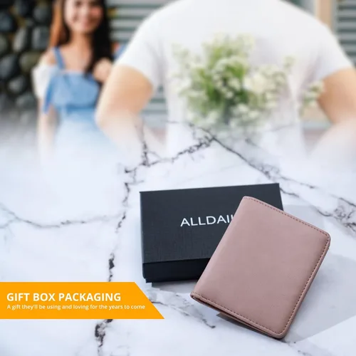 Vista 6 de Alldaily Pequeña cartera RFID para mujer, delgada, compacta, plegable, con bolsillo, mini monedero de viaje para mujer, Rosa oscuro, Compacto