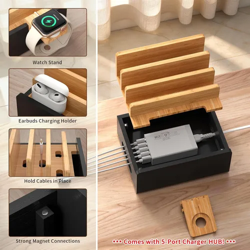 Vista 3 de Pezin & Hulin Estación de carga de bambú para múltiples dispositivos con cargador USB de 5 puertos, 5 cables, soporte para reloj inteligente