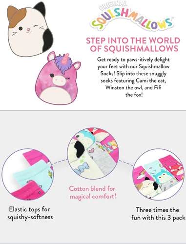Vista 6 de Squishmallows Calcetines de algodón para niños, paquete de 3, paquete de 3, Squish Squish Squad para niñas, paquete de 3