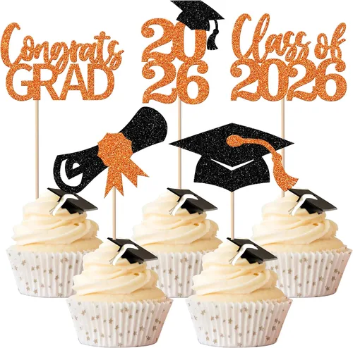 Vista 17 de Paquete de 24 adornos para cupcakes de clase de 2026 con purpurina 2026 para diploma de graduación 2026, selecciones para cupcakes para graduación