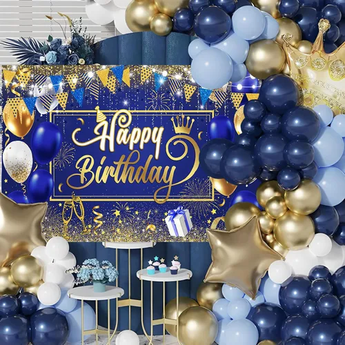 Vista 3 de AIBIIN Telón de Fondo de Feliz Cumpleaños Dorado y Azul Fondo de Fotografía Globo Azul Decoraciones de Fiesta de Cumpleaños Pancarta Accesorios