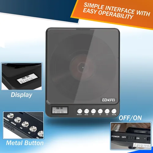 Vista 7 de Reproductor de CD portátil con Bluetooth y transmisor FM, reproductores de CD Bluetooth recargables de 2000 mAh con altavoces, conector