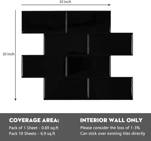Vista 2 de Azulejo de metro negro para despegar y pegar, azulejos autoadhesivos para pared de cocina (10 x 10 pulgadas, 10 hojas)