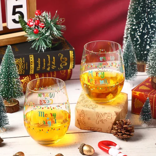 Vista 4 de 2 copas de vino sin tallo, taza divertida de 17 onzas con texto en inglés «Merry Christmas & New Year» – Regalos para mujeres, hombres, mamá, papá