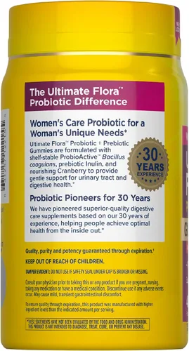Vista 3 de Renew Life Women's Care - Gomitas prebióticas y probióticas de cerezas, digestivo, urinario y salud inmunológica, B. Coagulans y B. Subtilis, sin