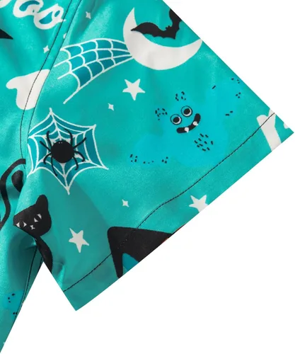 Vista 4 de MOHEZ Camisas de Halloween para niños, con botones, divertidas, calabaza, fantasma, manga corta, camisa hawaiana, vestido de fiesta para niños