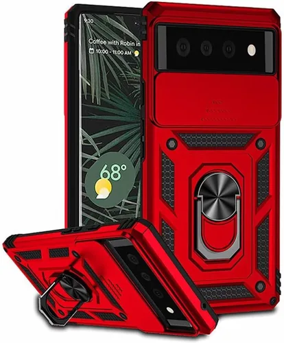 Vista 10 de Funda para Google Pixel 6A, protección de grado militar para automóvil [soporte integrado] Soporte de anillo de metal de doble capa TPU resistente +