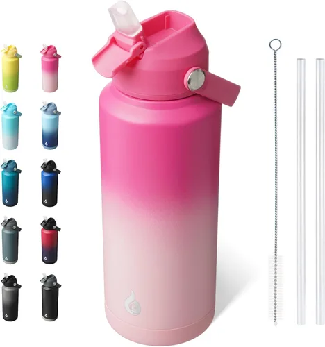 Vista 22 de BJPKPK - Botella de agua aislada con tapa de popote, 532 ml Botellas termo con boquilla suave, asa flexible y base antideslizante, libre de BPA, a